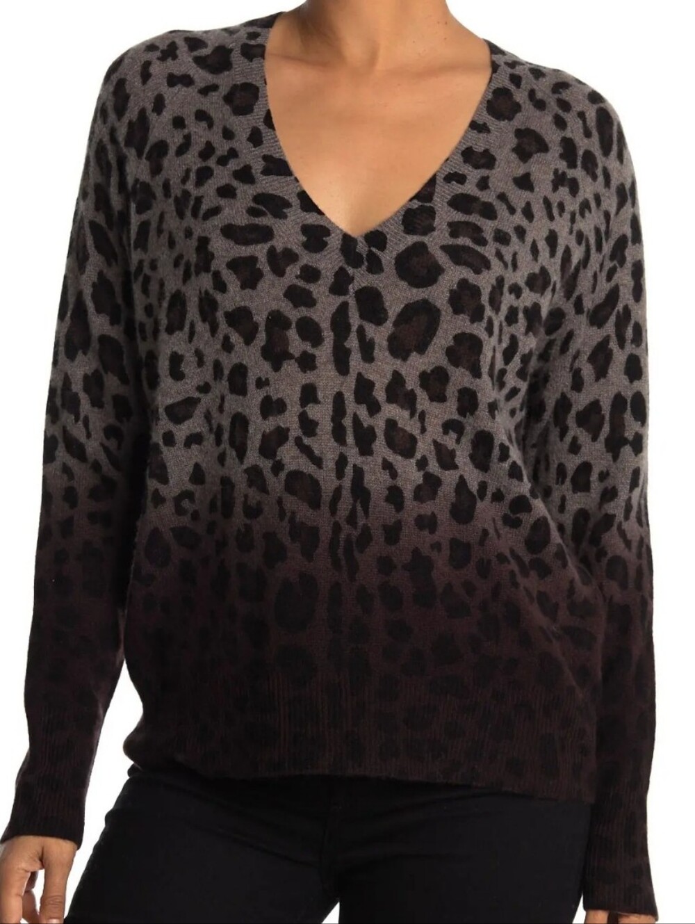 360 Cashmere Animal Print Sweater Grey and Black Leopard V-Neck Sweater Size Med